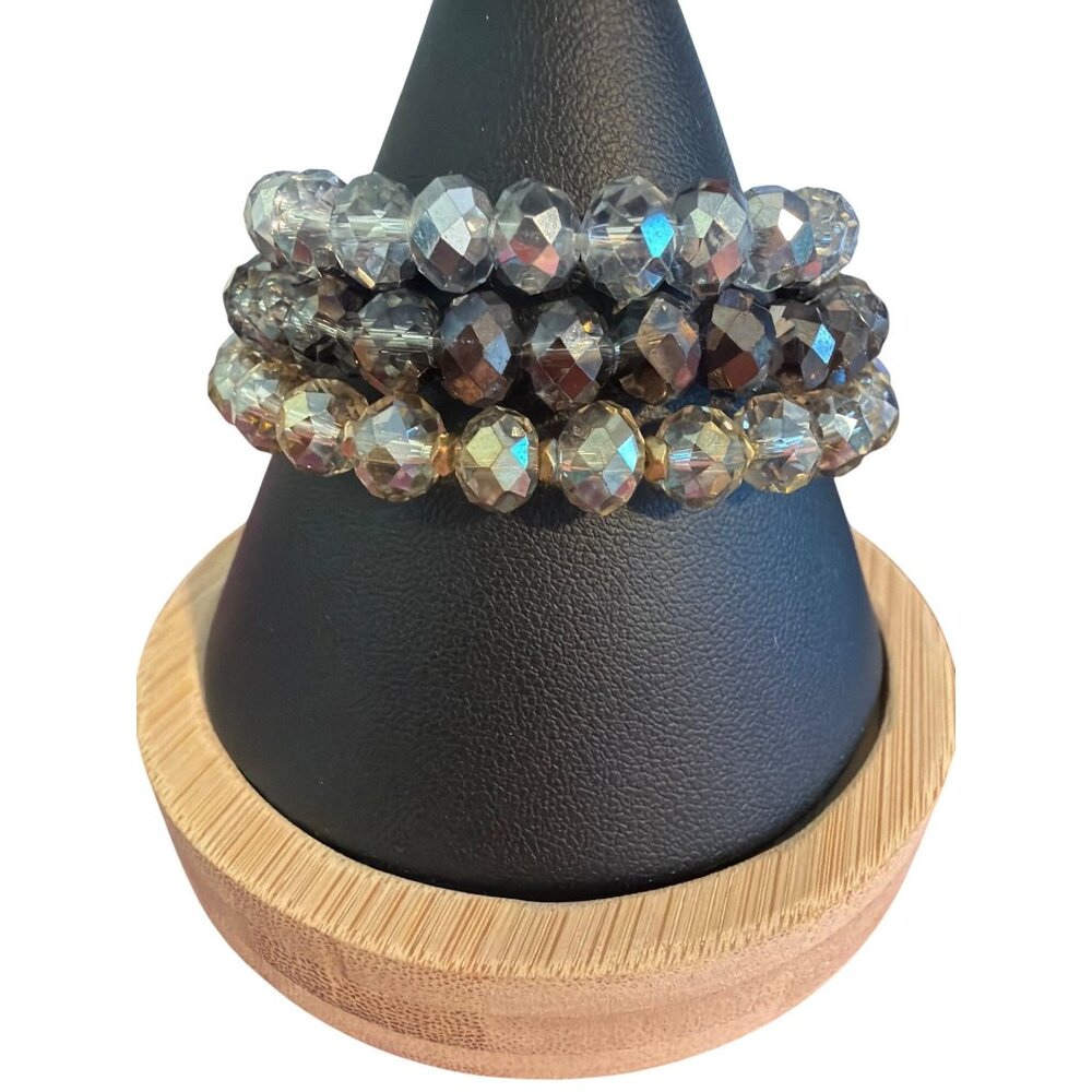 Set of 3 Glass Faceted Bead Bracelets Clear Smoky Stack Classic Sitting at 6.5"